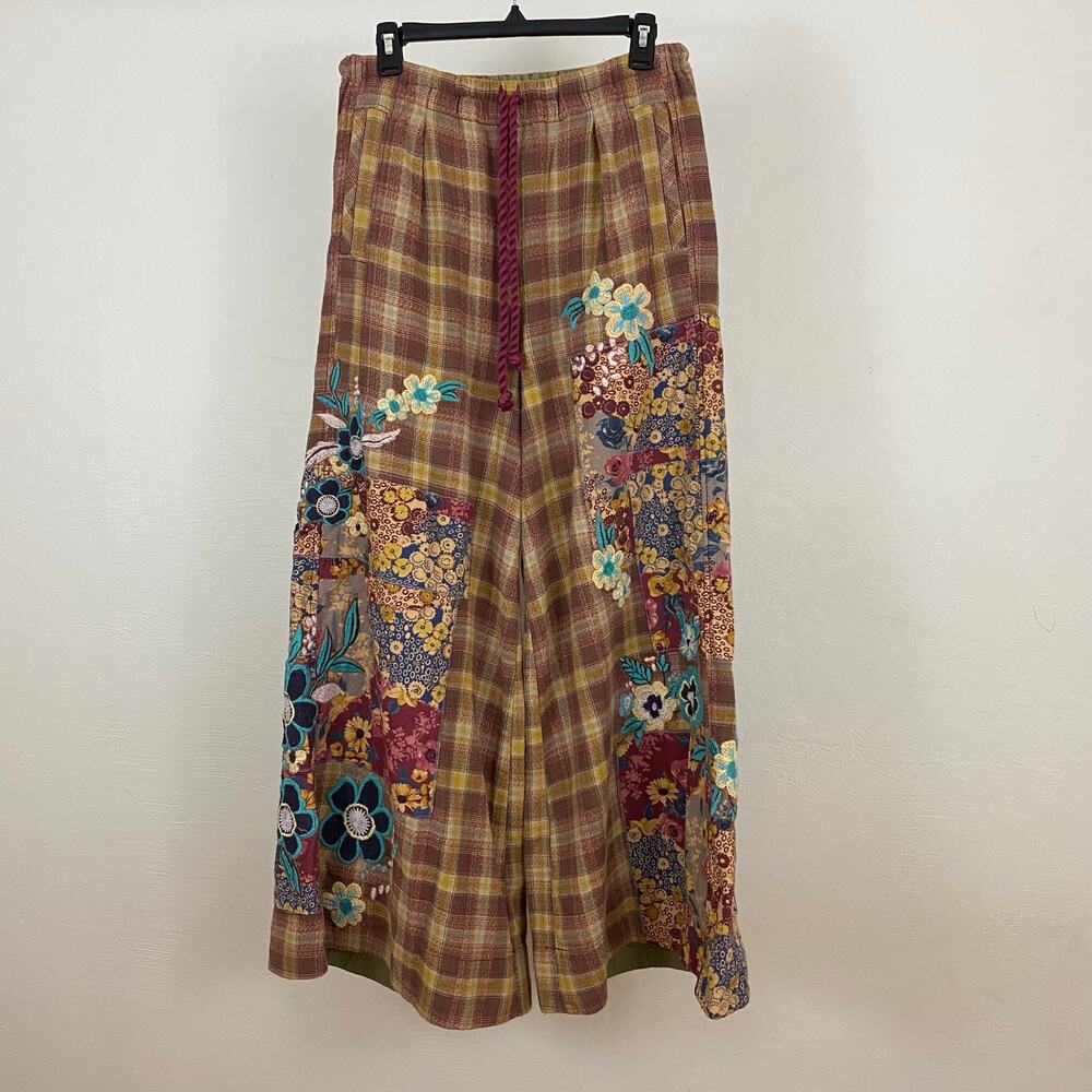 Free People Brooks Embroidered Wide-Leg Patchwork Pants - Green Combo - Small